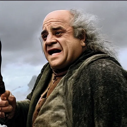 Prompt: lord of the rings, danny devito as frodo baggins, shooting uruks with a gun