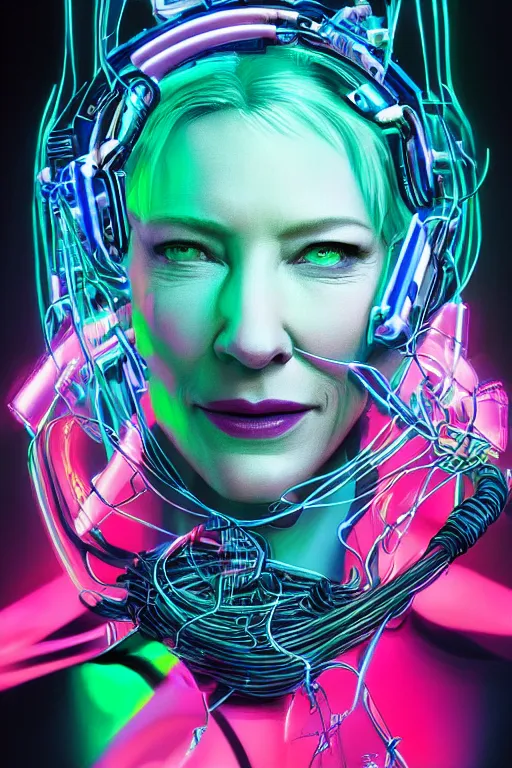 Image similar to cate blanchett with cyber headgear surrounded by wires, neon colors, oil on canvas, strong lighting, by Josan Gonzalez, HD, 4K