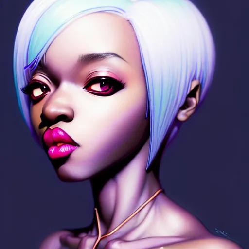 Image similar to portrait of a black anime manga girl, french bob hair, white hair, by artgerm, james jean, tom bagshaw, gerald brom, vaporwave colors, lofi colors, vaporwave, lofi, goth vibe, 4 k, smooth, hd, substance designer render, full body character concept art, symmetrical, 2 point lighting,