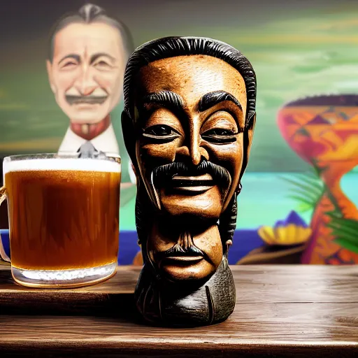 Image similar to a closeup photorealistic photograph of smiling salvador dali at trader vic's bar sitting next to a trader vic's style tiki mug featuring the face of salvador dali. tiki culture. bright scene. 4 k hd image that's trending on artstation, featured on behance, well rendered, extra crisp, features epic composition and the style of unreal engine.