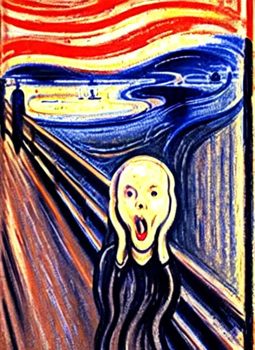 Image similar to oil painting of The Scream taking a seflie with an iPhone by Edvard Munch