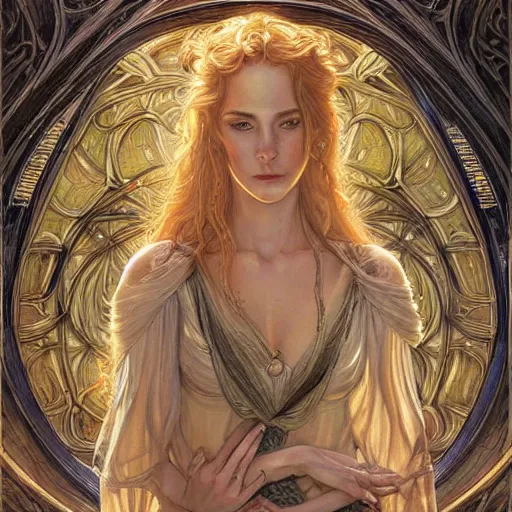 Prompt: an art nouveau painting in the style of donato giancola, and in the style of charlie bowater, and in the style of luis royo. symmetry, smooth, sharp focus, semi - realism, intricate detail.