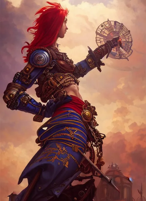 Image similar to upper body shot of a warrior with Ukrainian flag, D&D, handsome, fantasy, intricate, long hair, steampunk airship in backdrop, steampunk, red hair, elegant, highly detailed, digital painting, artstation, concept art, smooth, sharp focus, illustration, art by artgerm and greg rutkowski and alphonse mucha