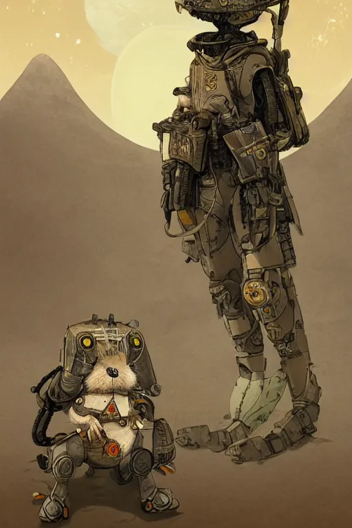Image similar to anthropomorphic rodent with white and black ancestral ornate japanese tactical gear on an abandonment desert planet, high intricate details, long shot, rule of thirds, golden ratio, graphic novel by fiona staples and dustin nguyen, by beaststars and orange, peter elson, alan bean, studio ghibli, makoto shinkai