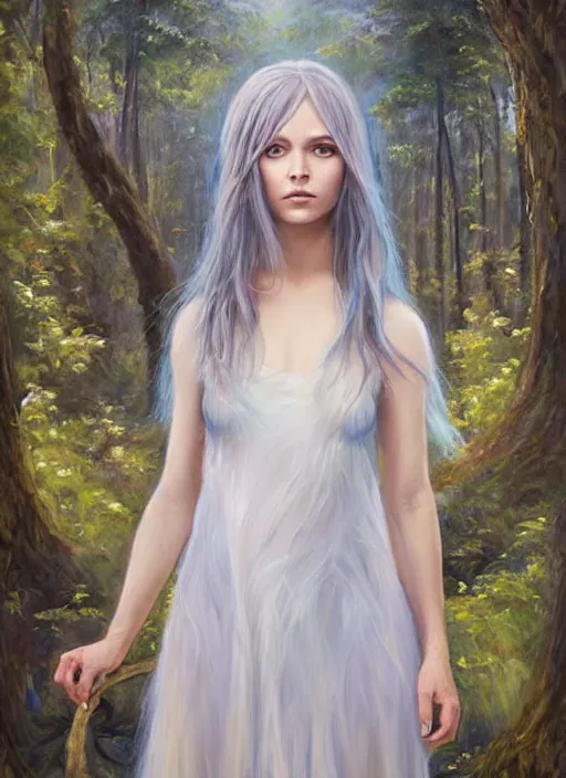 Prompt: beautiful oil painting full body portrait of fairy princess princess soft skin silver hair standing in forest, by Noah Bradley