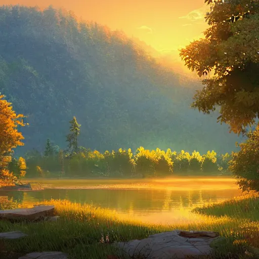 Image similar to a masterpiece detailed beautiful landscape of russian village, trees, lake, mountains, golden hour, sunset, by Makoto Shinkai