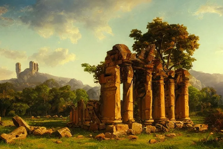 Prompt: temple ruins on a field with hills and trees in the distance, very detailed, focused, oil painting, colorful, canvas, artstation, Antoine Pierre Mongin