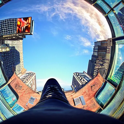 Image similar to sole of a boot about to step down, worms view, looking up, times square, sun spot, fisheye, hyperrealistic