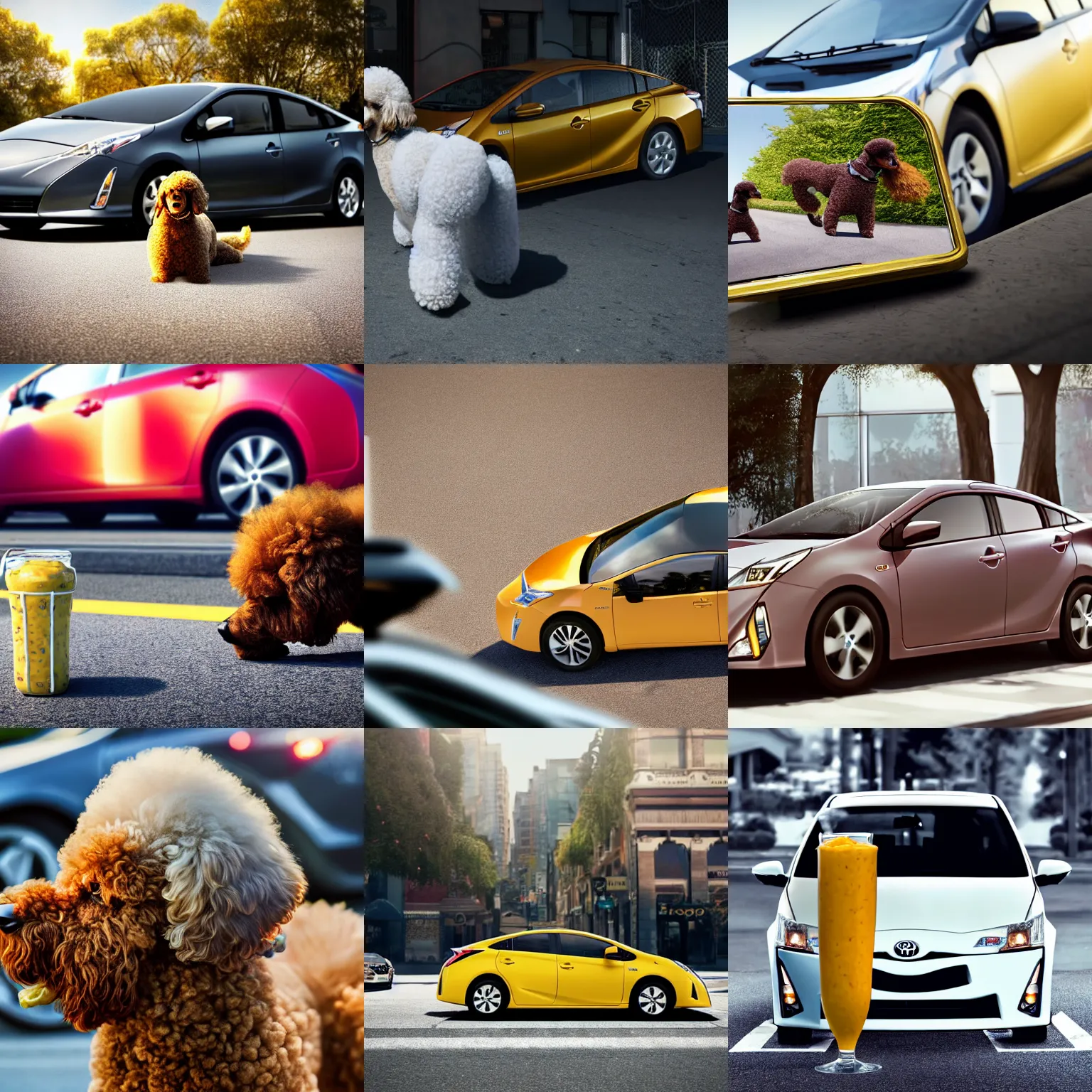 Image similar to a closeup photorealistic photograph of a poodle eating from a jar of mustard. toyota prius is in the background. professional capture. brightly lit scene. this 4 k hd image is trending on artstation, featured on behance, well - rendered, extra crisp, features intricate detail, epic composition and the style of unreal engine.