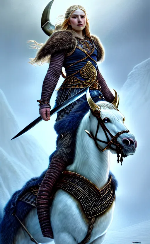 Image similar to iridescent viking warrior, regal, elegant, winter, snow, beautiful, stunning, hd, illustration, epic, d & d, fantasy, intricate, elegant, highly detailed, wide angle, digital painting, artstation, concept art, smooth, sharp focus, illustration, wallpaper, art by artgerm and greg rutkowski and alphonse mucha and jin xiaodi