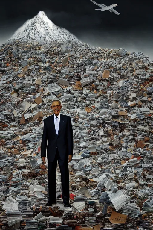 Prompt: obama standing next to a mountain made of papers, oil on canvas, intricate, portrait, 8 k highly professionally detailed, hdr, cgsociety