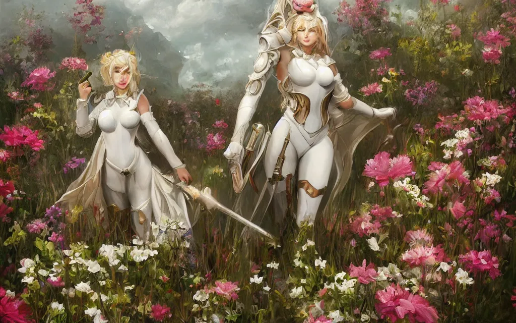 Prompt: a beautiful painting of a titanic knight in white armor surrounded by a field of flowers by camillo pasquali, johnsonting, digital art, trending on artstation, trending on deviantart