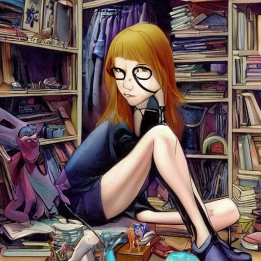 Prompt: lonely goth nerd sitting in cluttered room alone, by glen keane, aesthetic!!!, detailed, realistic, hyper realism, small details, goth aesthetic,