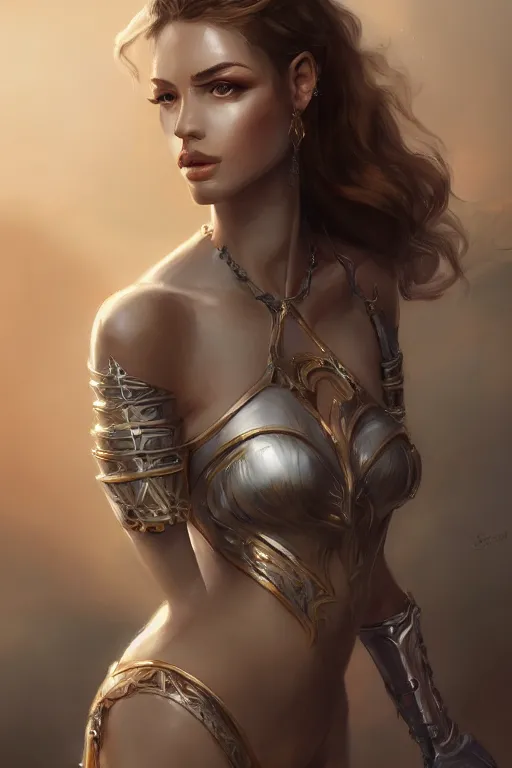 Image similar to three-quarters portrait pose of a beautiful woman, slim body, shining armor, human warrior, fantasy, intricate, elegant, highly detailed, digital painting, artstation, concept art, matte, sharp focus,D&D, illustration, art by Stanley Lau