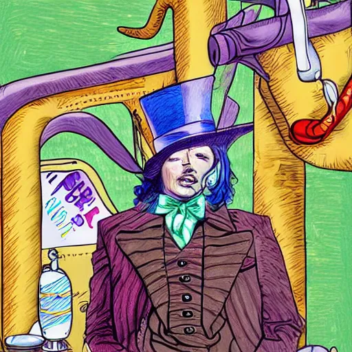 Prompt: Johnny Depp is covered in a blanket and drinking tea in Willy Wonka's Chocolate Factory, Illustration, Colorful, by Fesbraa