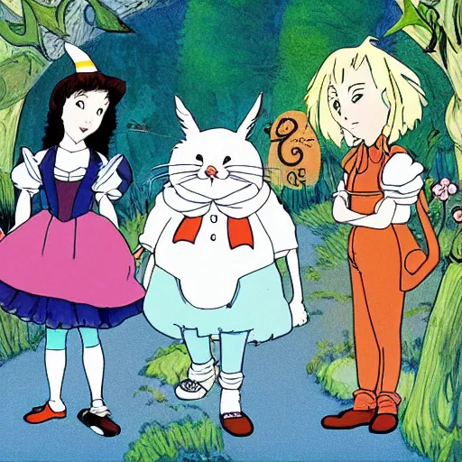 Prompt: colored illustration for alice in wonderland, in style of studio ghibli