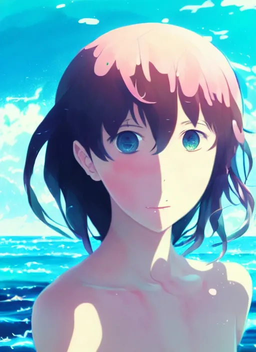 Image similar to portrait of a cute girl swimming in the ocean, illustration concept art anime key visual, very trippy and abstract, trending pixiv fanbox by wlop and greg rutkowski and makoto shinkai and studio ghibli and kyoto animation