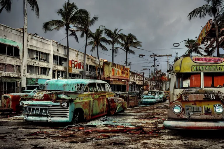 Image similar to low wide angle shot of dilapidated fallout 5 miami, tropical coastal city, desolate, dilapidated neon signs, few rusted retro futuristic vintage parked vehicles like cars, buses, trucks, trams, volumetric lighting, photorealistic, foggy, rain daytime, autumn, overcast weather, sharp focus, ultra detailed, 4 0 0 0 k