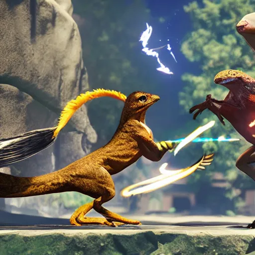 Image similar to screenshot of animal fighting game on ps 4, bird vs lizard, unreal engine,