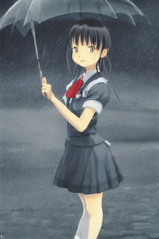 Prompt: art by hayao miyazaki, by hiro kiyohara 3d octane render portrait a stern schoolgirl in Japanese maid's clothes and long stockings sits on a wet Japanese street in the rain at night, trending on artstation, anime colors, polaroid, vintage, foggy, volumetric light, cinematic render, UE 4, RTX, oil painting