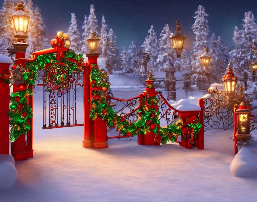 Image similar to a very detailed concept art of intricate and well designed jingle bell gates to santa's northpole, infused with aurora borealis, dynamic lighting, trending on artstation, path traced, highly detailed, high quality, digital painting, digital art, 4 k, hyper realistic, octane render, sharp focus