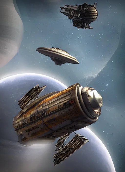 Prompt: ancient starship in orbit of saturn, steampunk, steam, dark gothic, photorealistic, unreal engine