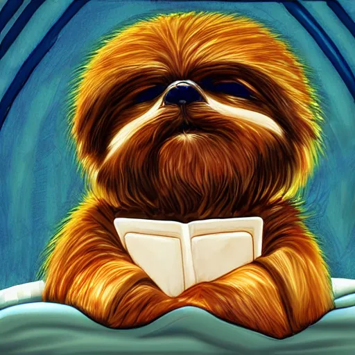 Image similar to ewok watching a movie from his bed, digital art, colourful