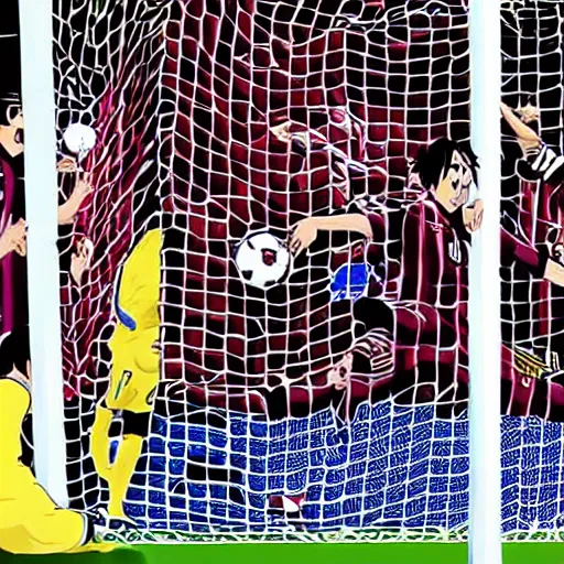 Image similar to messi scoring a goal anime style