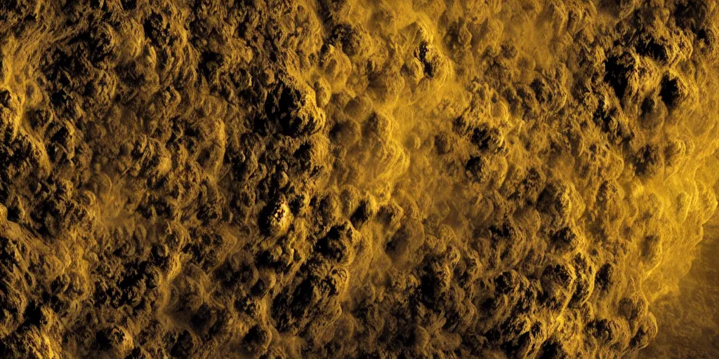 Image similar to a mountainous planet full of active vulcanoes covered by a dense yellow fog and yellow giant clouds, venus surface, path traced, highly detailed, high quality, 8 k, dramatic lighting, cinematic, high coherence, low contrast, hyperrealistic, concept art, digital art, dark yellow dense atmosphere, lava in the ground, no life, desertic