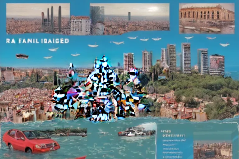 Image similar to touristic brochure of a family visiting a catastrophic barcelona, buildings covered with high water, floating cars, catchy graphic design, photo real