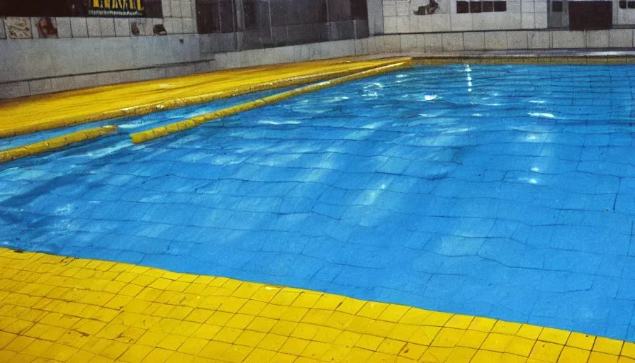 Image similar to 1 9 6 0 s movie still of an empty blue and yellow tiles municipal swimmingpool, high quality, high detail, liminal space style