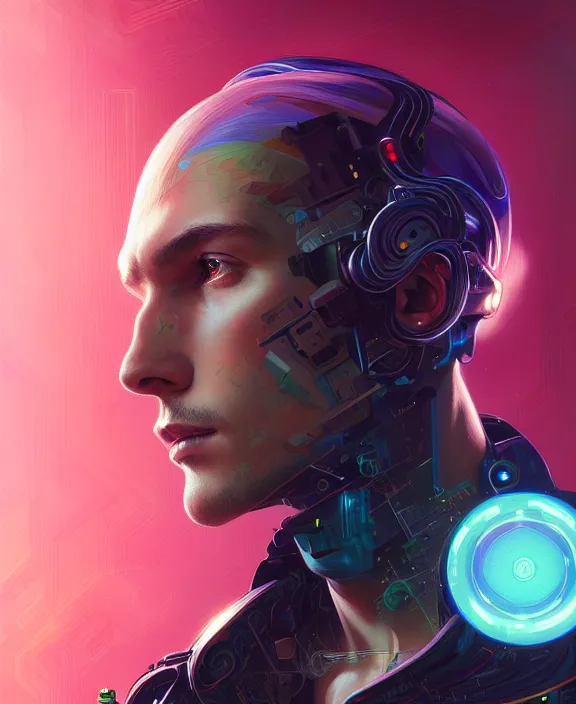 Image similar to a whirlwind inside the metaverse, guy, male, man, hologram, half body, neurochip, android, cyborg, cyberpunk face, by loish, d & d, fantasy, intricate, elegant, highly detailed, colorful, digital painting, artstation, concept art, art by artgerm and greg rutkowski and alphonse mucha