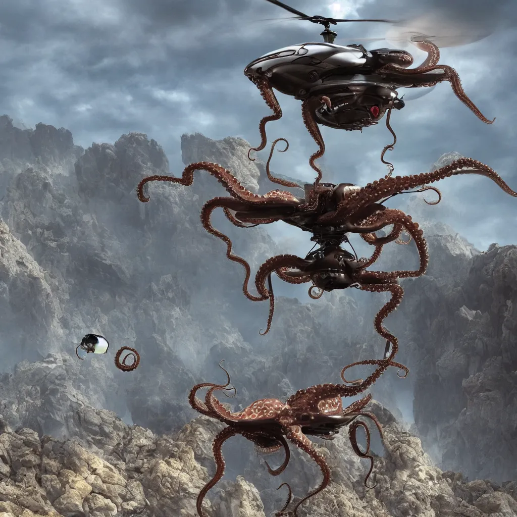 Prompt: organic octopus helicopter flying over a mountainous alien landscape, dramatic sci-fi movie still