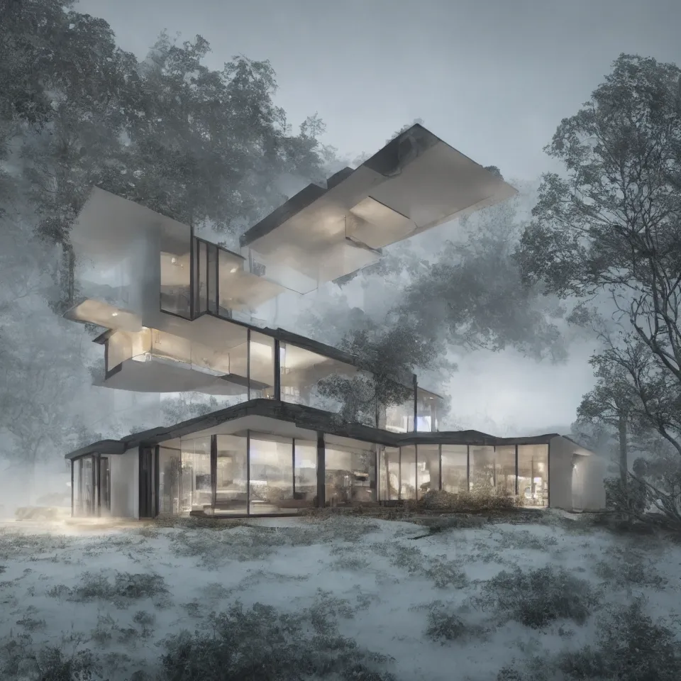 Prompt: a large contemporary house, in a serene landscape, trending on artstation, rendered in vray, by christophe jacrot