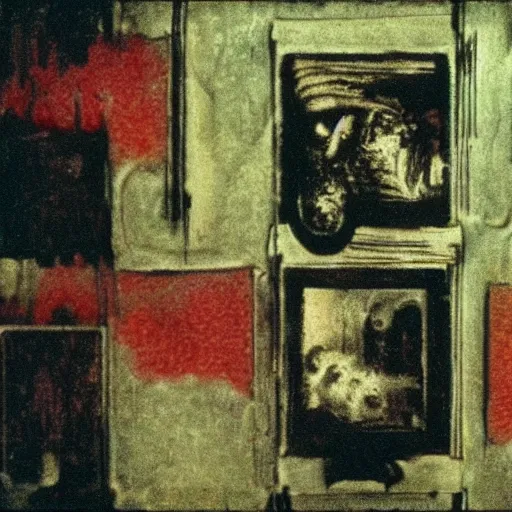 Prompt: 3 5 mm color photography, glitch, joel - peter witkin, beksinski, and stephen gammell, video still of apartment block