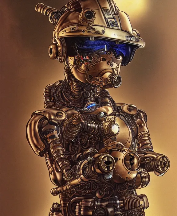 Image similar to a portrait of a cybernetic warrior with steampunk armour and a futuristic helmet with a cybernetic visor by Moebius, 4k resolution, photorealistic