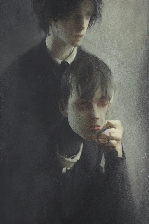 Image similar to detailed cinematic moody colors studio portrait of a possesed young victorian gentleman being controlled like a puppet, creepy evil vibe, high quality by jeremy mann, only one head single portrait