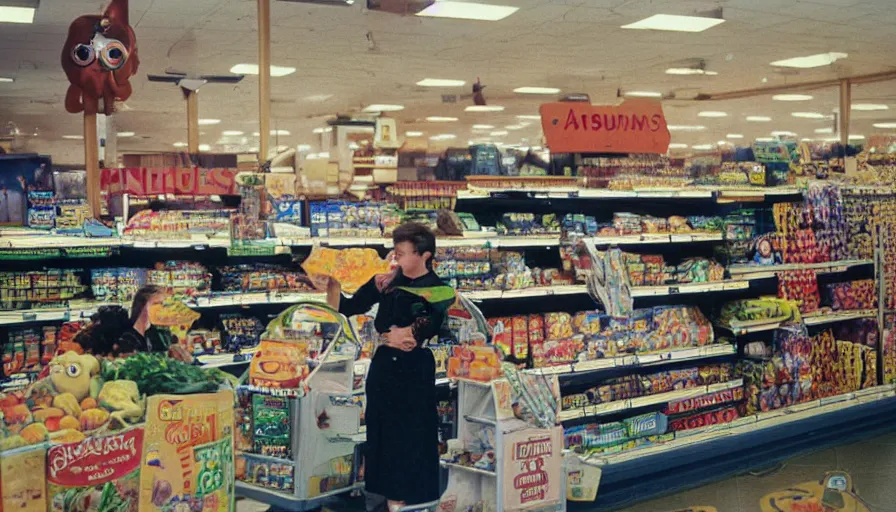 Image similar to 1990s candid photo of a beautiful day at the grocery store, cinematic lighting, cinematic look, golden hour, large costumed mascot business people giving space presentations to families, Enormous personified business people with outstandingly happy faces coming out of a portal and talking to families about planets and galaxies, floating tiny planets, UHD