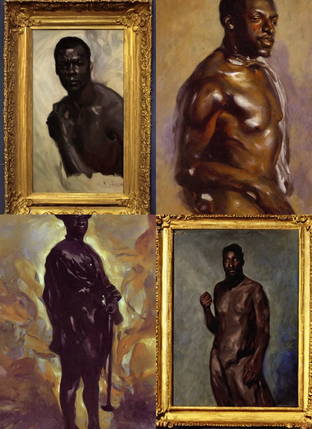 Prompt: Fantasy painting, oil on canvas Dark skin man portrait, loose fantasy clothing, happy, John Singer Sargent,