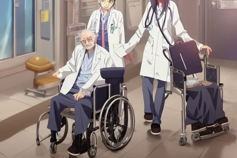 Image similar to a cute young female doctor wearing white coat, an old man of 80 years in a wheelchair, hospital ward, slice of life anime, cinematic, realistic, anime scenery by Makoto shinkai