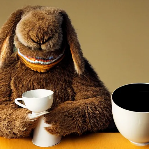 Image similar to a fluffy brown rabbit muppet wearing monk garb and holding a wolf skull mask and sat beside a cup of tea, photorealistic, nature, photography, national geographic, sesame street