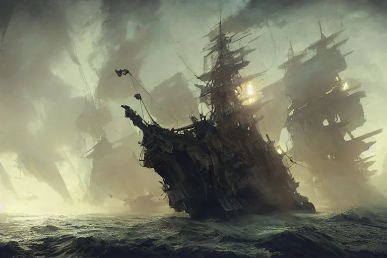 Image similar to an old pirate ship in space, digital painting, volumetric light, intricate, sharp, focus, bloom, illustration, highly detailed, concept art, matte, ruan jia, randy vargas, greg rutkowski