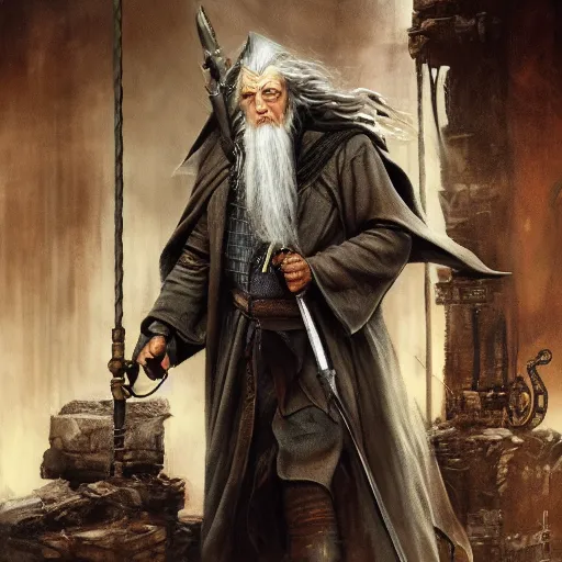 Image similar to gandalf, steampunk, full body, fine details, magic, depth, painted by seb mckinnon, high detail, digital art, painted by greg rutkowski, trending on artstation