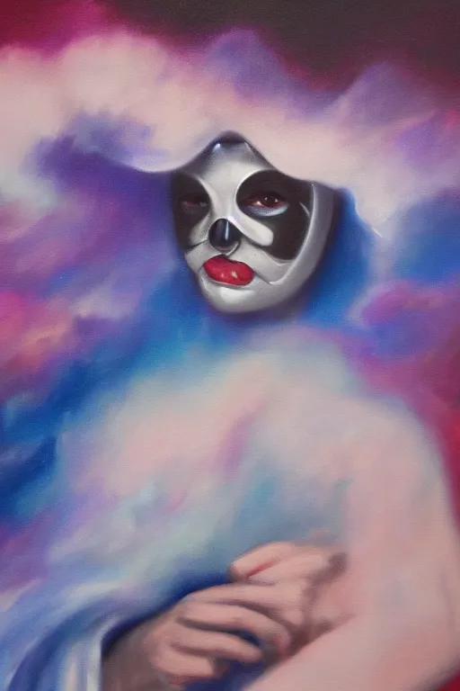 Image similar to hyperrealism oil painting, close - up portrait of commedia dell'arte fashion model, gradient mixed with nebula sky, in style of baroque