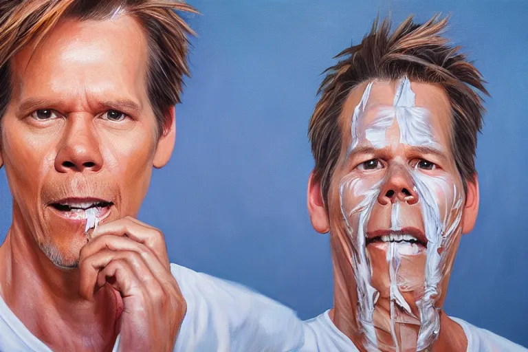 Image similar to an ultra realistic painting of kevin bacon, bacon rasher wrapped around his face, 8 k, cinematic, movie still