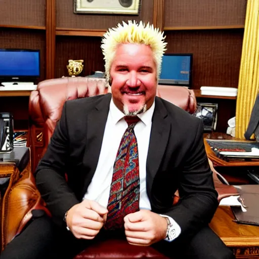 Prompt: President Guy Fieri at his desk in the Oval Office, business suit with flames, award winning photography