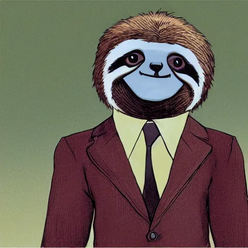 Prompt: a sloth dressed in a suit is standing in an office. by Roger Dean, 4k, graphic novel