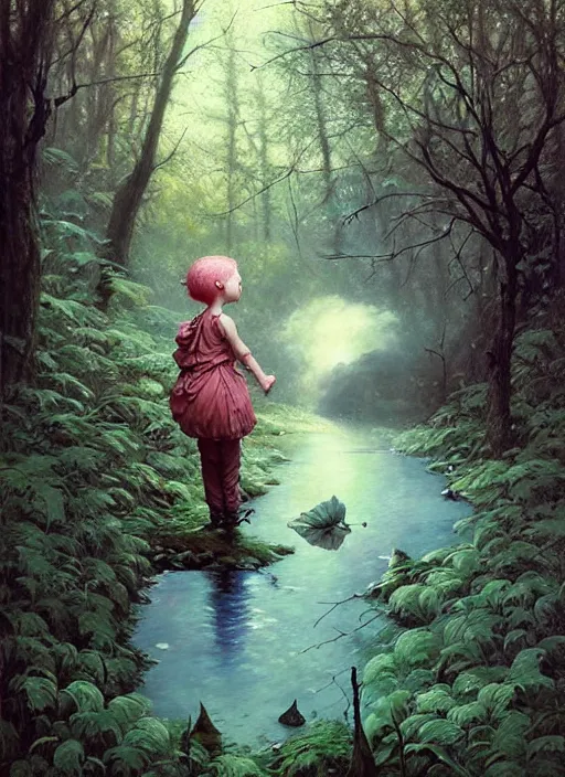 Image similar to bubblegum in the woods by a stream, river gorgeous lighting, lush forest foliage blue sky a hyper realistic painting by chiara bautista and beksinski and norman rockwell and greg rutkowski, tom bagshaw weta studio, and lucasfilm