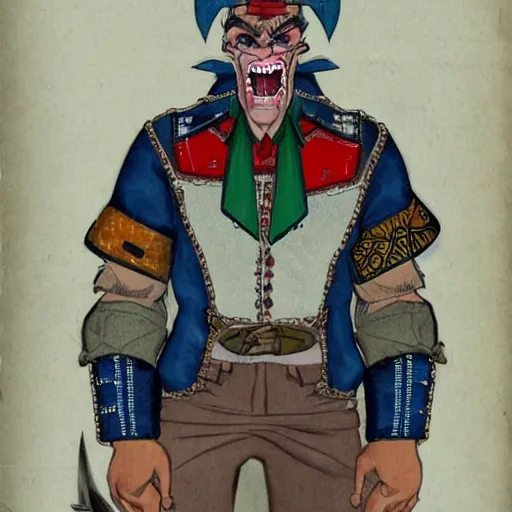 Image similar to a middle aged half - orc wearing a patchwork military uniform jacket with cut sleeves and many charms and baubles worked into the fabric, with an upturned collar. his arms bear rune tattoos, thin fangs show through his lower jaw with a bemused smile. blue grey intelligent eyes. 1 9 th century style