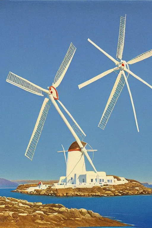 Prompt: painting of the windmills in mykonos painted by Chesley Bonestell